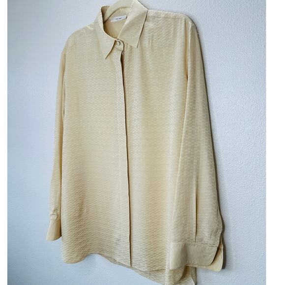 The Row Yellow Embossed Print 100% Silk Collared Button Blouse Top M - Picture 3 of 13